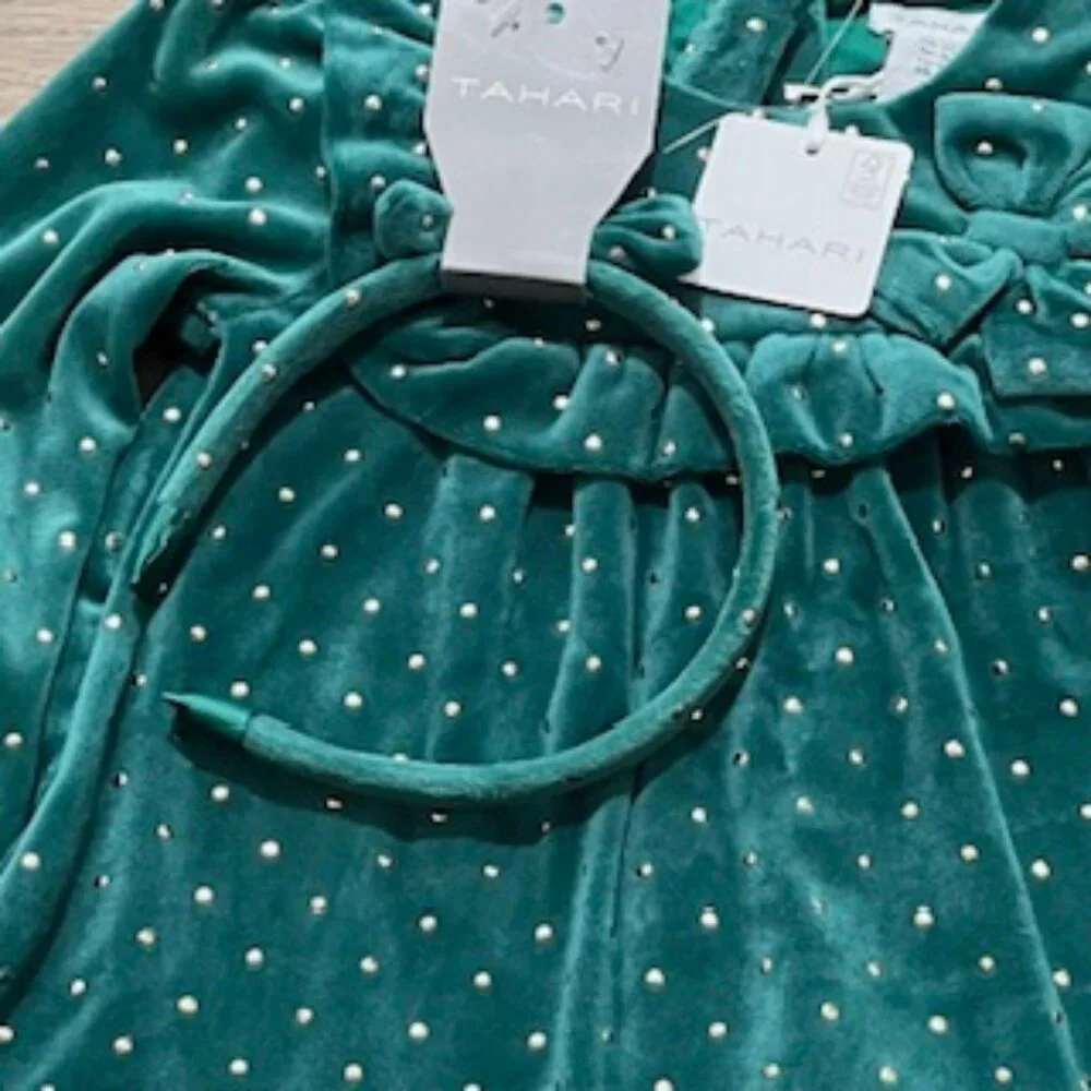New Tahari Dress Girls Size 2 Green Velour Velvet With Gold Studs & Headband NWT